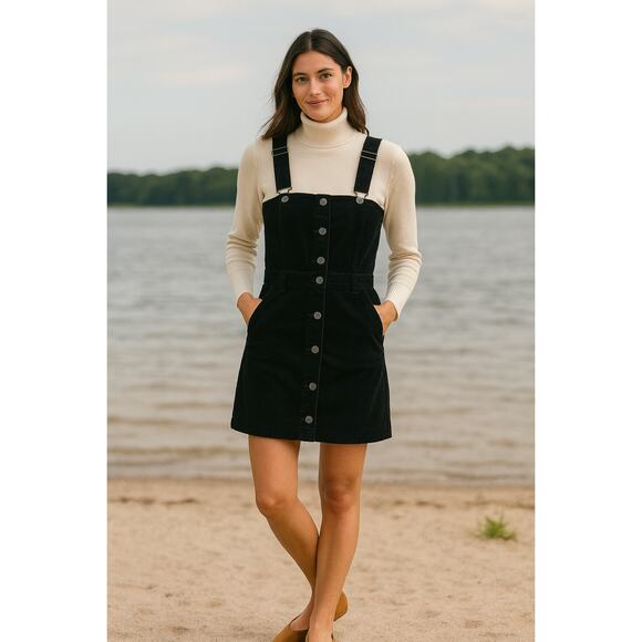 GAP Black Corduroy Skirtall Jumper Dress Button Front Pinafore Overall Mini S - Picture 1 of 7